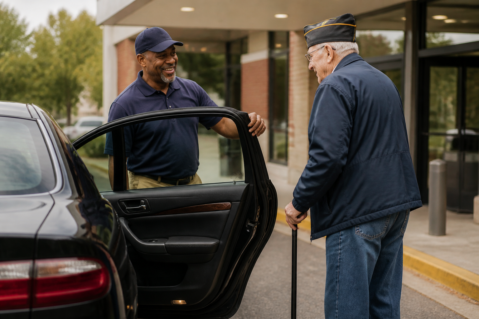 Volunteer driver assisting a veteran outside a clinic