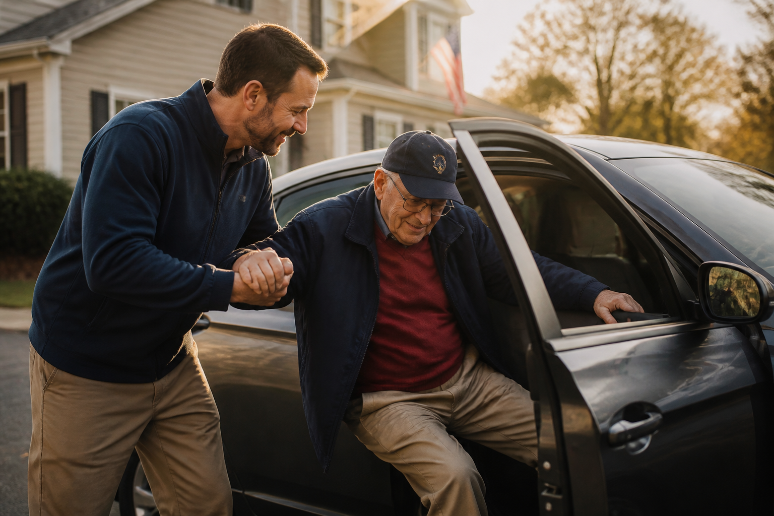 Volunteer driver helping a veteran into a car
